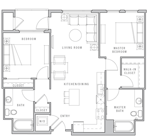 Floor plan for 2 beds, 2 baths, 992 sqft